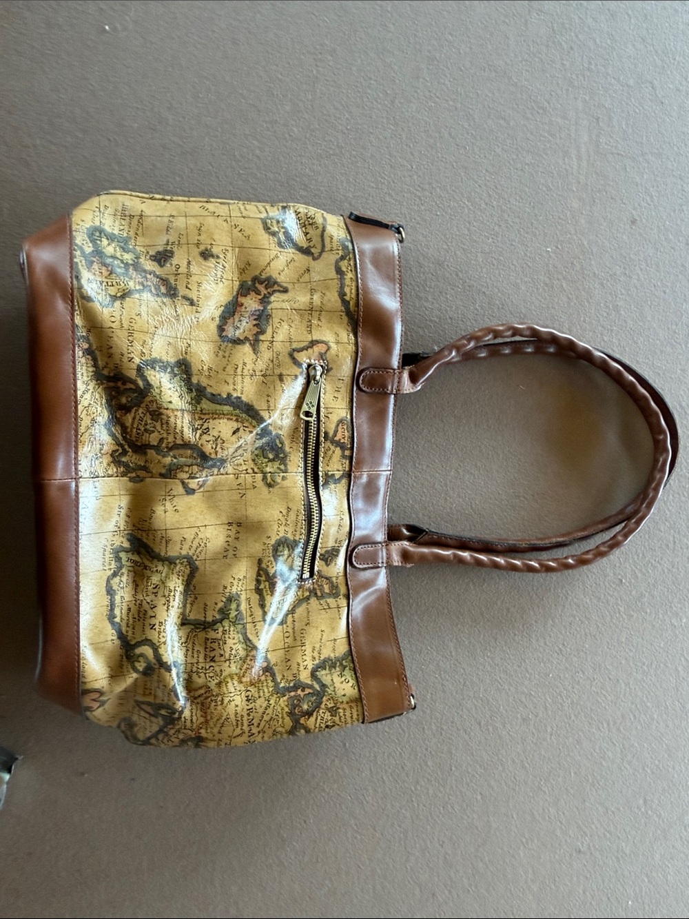 Patricia Nash Tan Map-Print Tote with Brown Trim